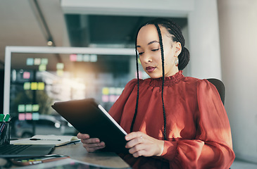 Image showing Woman in office on tablet, research and ideas on moodboard business plan, brainstorming or proposal email. Thinking, reading social media and businesswoman on digital app for online review at startup