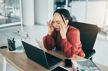 Image showing Burnout, stress headache and business woman frustrated with online glitch, project fail or admin mistake. Receptionist, emotional pain and professional person depressed over risk, anxiety or migraine