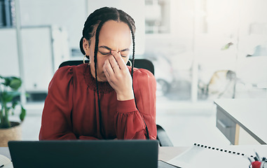 Image showing Mental health, headache and business woman frustrated with 404 error, secretary fail or administration mistake. Receptionist, burnout and admin person stress over online problem, anxiety or migraine