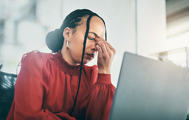 Image showing Laptop, headache and business woman frustrated with 404 error, software fail or administration mistake. Secretary, bad online results or admin person stress over computer problem, anxiety or migraine