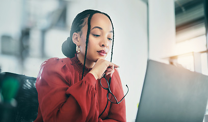 Image showing Thinking, office laptop and professional woman planning, reading or editing online news story, social media post or business blog. Editor, project plan or female reporter review story for publication