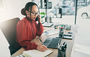 Image showing Phone call, writing and business woman in office for planning, schedule or research. Calendar, networking and administration with female employee in agency for communication, technology or connection