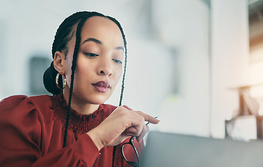 Image showing Laptop, business and a designer woman in her office for research on a creative online project. Computer, website and innovation with young female employee in her workplace for internet or web design