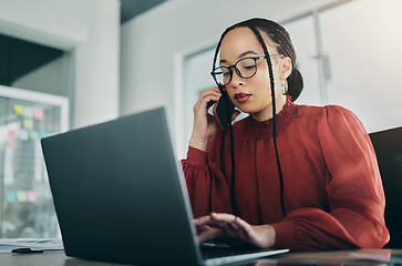 Image showing Phone call, research and business woman in office for planning, schedule and laptop. Calendar, networking and administration with female employee in agency for communication, technology or connection