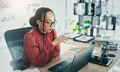 Image showing Business woman, computer and office desk for online editing, marketing research and planning. Professional african person, editor or worker reading email, social media copywriting and email on laptop