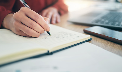 Image showing Hand, notebook and person writing, schedule and calendar with brainstorming and planning work closeup. Business, ideas and notes with project deadline, productivity and workflow with research