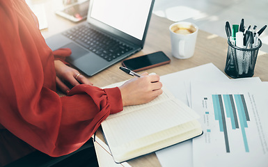 Image showing Hand, notebook and person writing, analytics paperwork on office desk, brainstorming and planning closeup. Business, ideas and graphs with infographic, productivity and workflow, research and admin