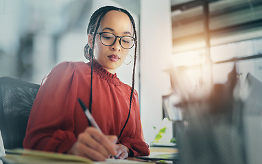 Image showing Notebook, woman is writing and schedule with admin, brainstorming and planning work in office. Business, ideas and notes with project deadline, productivity and workflow with research in workplace