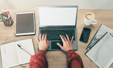 Image showing Laptop mockup, keyboard and woman hands typing administration report, receptionist feedback or research review. Computer screen, advertising space and top view of female secretary working on project