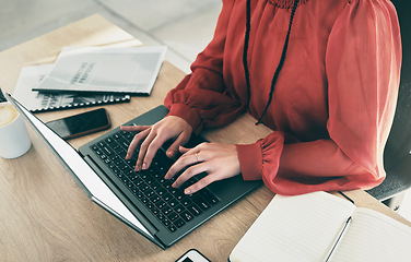 Image showing Laptop keyboard, hands and woman typing administration report, receptionist feedback or online schedule, agenda or appointment. Secretary, business person or event planner working on project planning