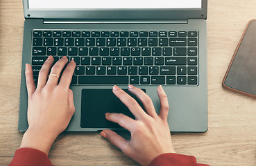 Image showing Laptop keyboard, hands and person typing report, online feedback or customer experience review. Research, closeup top view and woman working on social media blog post, copywriting or project