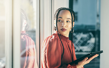 Image showing Tablet, thinking and a business black woman in her office, working online for schedule or calendar planning. Technology, research and idea with a corporate employee reading data or information