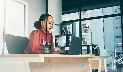 Image showing Woman in office on laptop, research and ideas on website for business plan, brainstorming or proposal process. Thinking, typing pitch and businesswoman on computer, project manager in startup career.