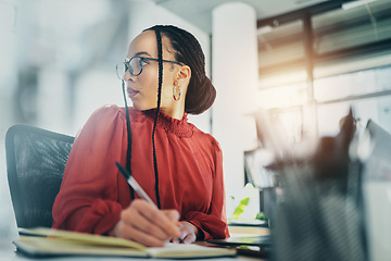 Image showing Woman in office, writing in notebook with schedule and calendar, brainstorming and planning work. Business, ideas and notes with female employee, productivity and workflow with research and admin