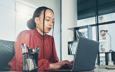 Image showing Business woman, laptop and office for online admin management, Human Resources research and planning. Professional african person or HR worker typing on computer, company email or schedule check