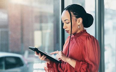 Image showing Tablet, search and a business black woman in her office, working online for schedule or calendar planning. Technology, internet and research with a corporate employee reading data or information