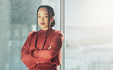 Image showing Woman, arms crossed with business and professional mindset, portrait with confidence and mockup space. Brazilian female employee in the workplace, corporate career and serious person with pride