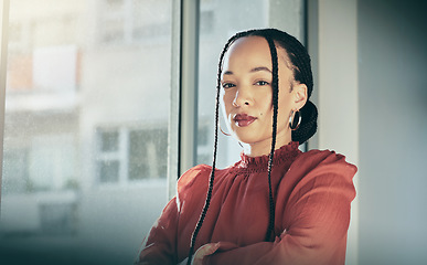 Image showing Woman, arms crossed and portrait with business and professional mindset, confidence and mockup space. Brazilian female person in workplace, corporate career with expert and serious with pride