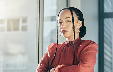 Image showing Woman, arms crossed and portrait with corporate and professional mindset, confidence and mockup space. Brazilian female person in workplace, business career and entrepreneurship, serious and pride