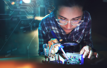 Image showing Woman, engineer and motherboard with microchip, electronics or soldering iron with holographic overlay. Information technology, circuit board or programming for future, hardware or system development