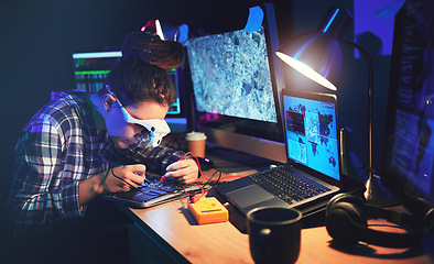 Image showing Woman, computer technician and motherboard with circuit, electronics or soldering iron with goggles in lab. Information technology, maintenance and programming for future, hardware or system in night