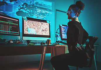 Image showing Woman, back pain and computer programmer, software engineering or cybersecurity at night, stress and pain. Fatigue, spine problem and tired IT person on monitor, satellite coding or data surveillance