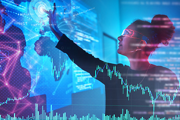 Image showing Woman, vr map and cybersecurity, hologram and global research for malware, futuristic technology and location privacy. Data protection overlay, dashboard and programmer for virtual reality innovation