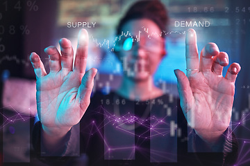 Image showing Hands of woman, vr algorithm and hologram coding for web business, futuristic technology and ar analysis. Data overlay, supply and demand dashboard, programmer with virtual reality charts and graphs