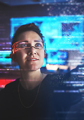 Image showing Woman hacker, glasses and cybersecurity, hologram info and vr malware, futuristic technology and login privacy. Data protection overlay, iot dashboard and tech programmer with virtual reality goggles