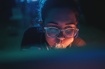 Image showing Computer, cyber security woman and eating food, noodles and coding software, online database or cloud computing service. Hungry programmer, night meal and face of female developer programming system