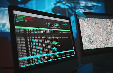 Image showing Computer screen, cybersecurity and technology background for surveillance, data analytics and worldwide coding. Gdpr, html hacking and satellite software development on monitor, global map and night