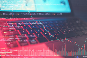 Image showing Cyber security, laptop and software malware, algorithm error and programming mistake, script fail or code glitch. HTML coding problem, dark system virus and virtual night overlay of cyber attack risk