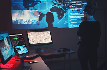 Image showing Cybersecurity, woman thinking and global network tech for phishing, ransomware and cyber terrorism search. Maps, digital database and IT in dark room for virtual malware hacking fix of employee