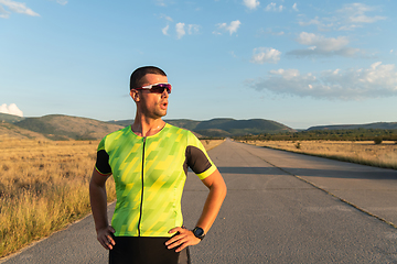 Image showing Triathlete resting after exhausting training for the upcoming marathon.