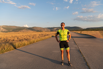 Image showing Triathlete resting after exhausting training for the upcoming marathon.