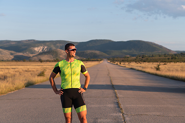 Image showing Triathlete resting after exhausting training for the upcoming marathon.