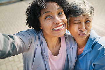 Image showing Senior selfie, funny and women on the sidewalk for a memory, family together or quality time. Smile, comic and elderly friends taking a crazy photo in the street for community or travel in retirement