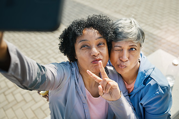 Image showing Senior women, selfie and peace, hands and wink in a city for travel, fun and chilling on the weekend outdoor. Face, friends and old ladies pose for profile picture, photo or traveling memory in town