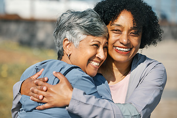 Image showing Senior women, workout hug and smile closeup with fitness and exercise outdoor for health. Elderly people, sport training and happy friends with bonding and embrace after running of a mature athlete