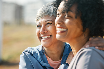 Image showing Senior women, hug and smile closeup with fitness and exercise outdoor for health. Elderly people, sport training and happy friends with excited bonding and embrace after running of a mature athlete
