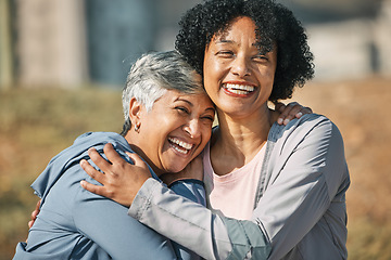 Image showing Senior women, hug and laugh closeup with fitness and exercise outdoor for health. Elderly people, sport training and happy friends with excited bonding and embrace after running of a mature athlete