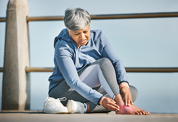 Image showing Foot, pain and old woman with injury, fitness outdoor and medical emergency and inflammation with red overlay. Muscle tension, osteoporosis or fibromyalgia with health, exercise and female person