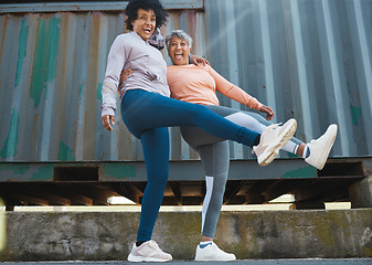 Image showing Mature, women and friends, happiness and fitness, pose and playful in portrait with freedom outdoor. Excited female people, friendship and cool with sportswear, exercise and fun together for wellness