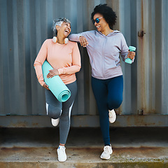 Image showing Senior women, exercise and laughing, cool and urban with workout equipment, friends and fun training together. Active female people, fitness fashion and yoga mat with dumbbell, sportswear and comedy