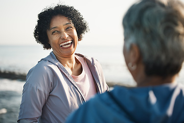 Image showing Fitness, funny and smile with senior friends at beach for training, running and relax. Comic, happy and workout with old women laughing in nature for health, happiness and wellness together