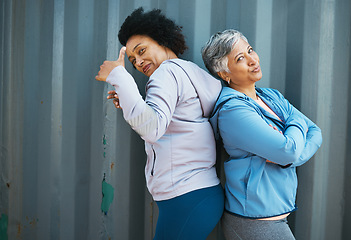 Image showing Senior, women and friends, portrait and fitness, arms crossed with thumbs up pose and playful outdoor. Female people, friendship and cool with sportswear, exercise and fun together with wellness