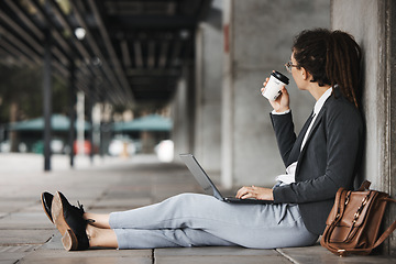 Image showing Laptop, woman and coffee break in the city or employee search for a job on social media, internet or online opportunity. Remote, virtual or digital work on computer SEO blog or email and business