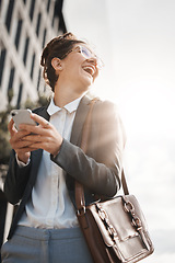 Image showing Business, city and woman with a smartphone, funny or travel with internet connection, happiness or email. Female person, humor or consultant with a cellphone, mobile app or outdoor with social media