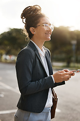 Image showing Employee, street and woman with a smartphone, thinking and travel with social media, mobile app and email. Female person, agent in a city or consultant with a cellphone, internet connection and ideas