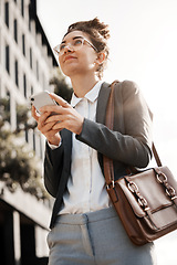 Image showing Business, city and woman with a cellphone, thinking and travel with internet connection, network and opportunity. Person, worker in a street and consultant with a smartphone, navigation app or ideas